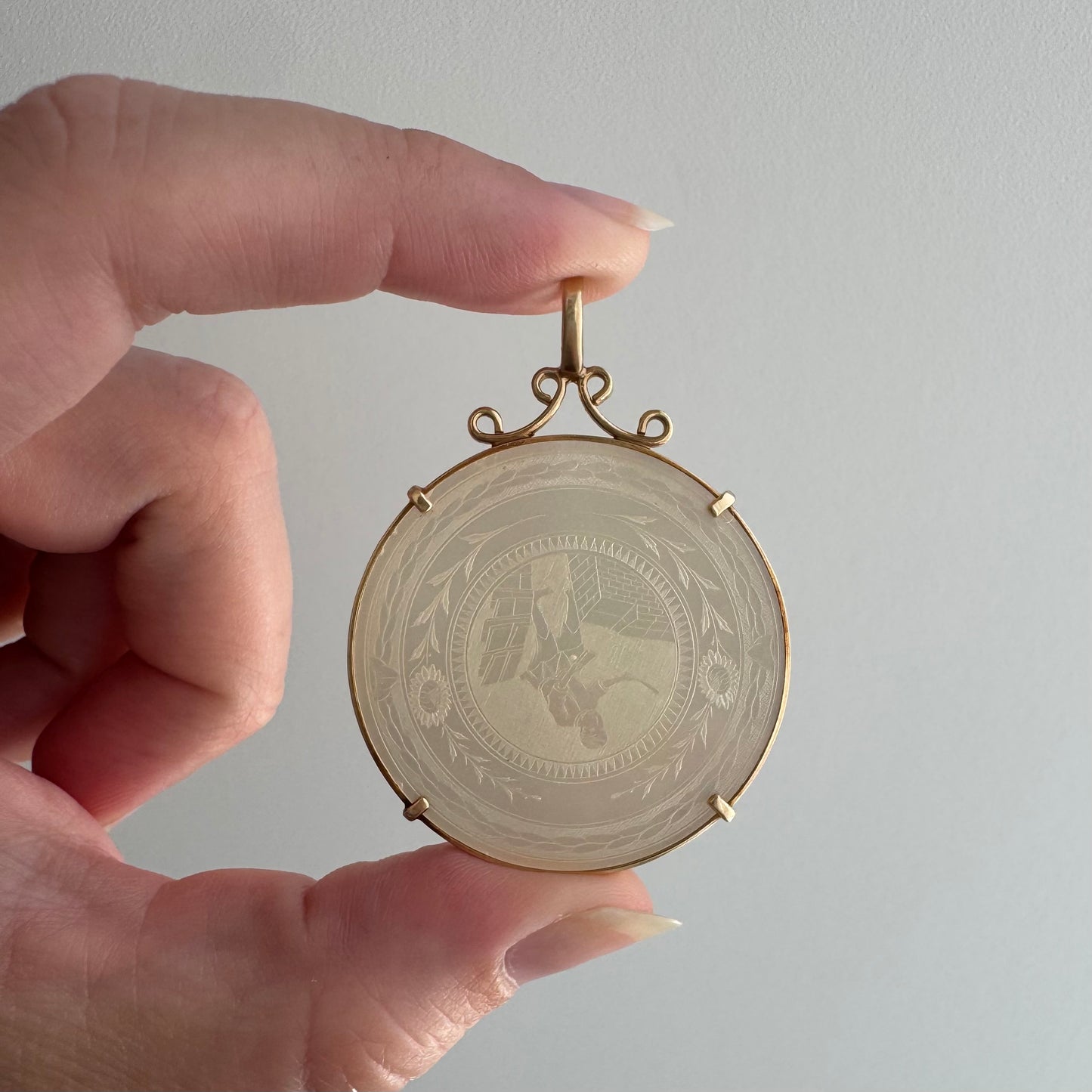 reworked A N T I Q U E // fruits of our labor / solid 14k yellow gold framed antique Chinese gambling chip pendant / carved mother of pearl