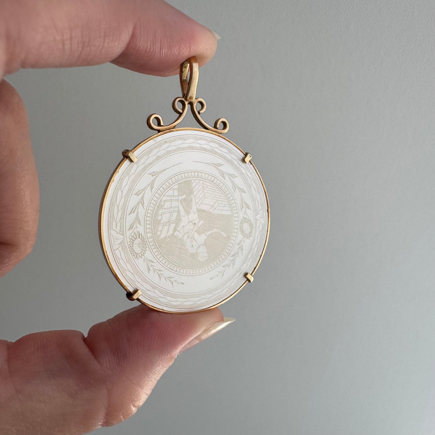 reworked A N T I Q U E // fruits of our labor / solid 14k yellow gold framed antique Chinese gambling chip pendant / carved mother of pearl