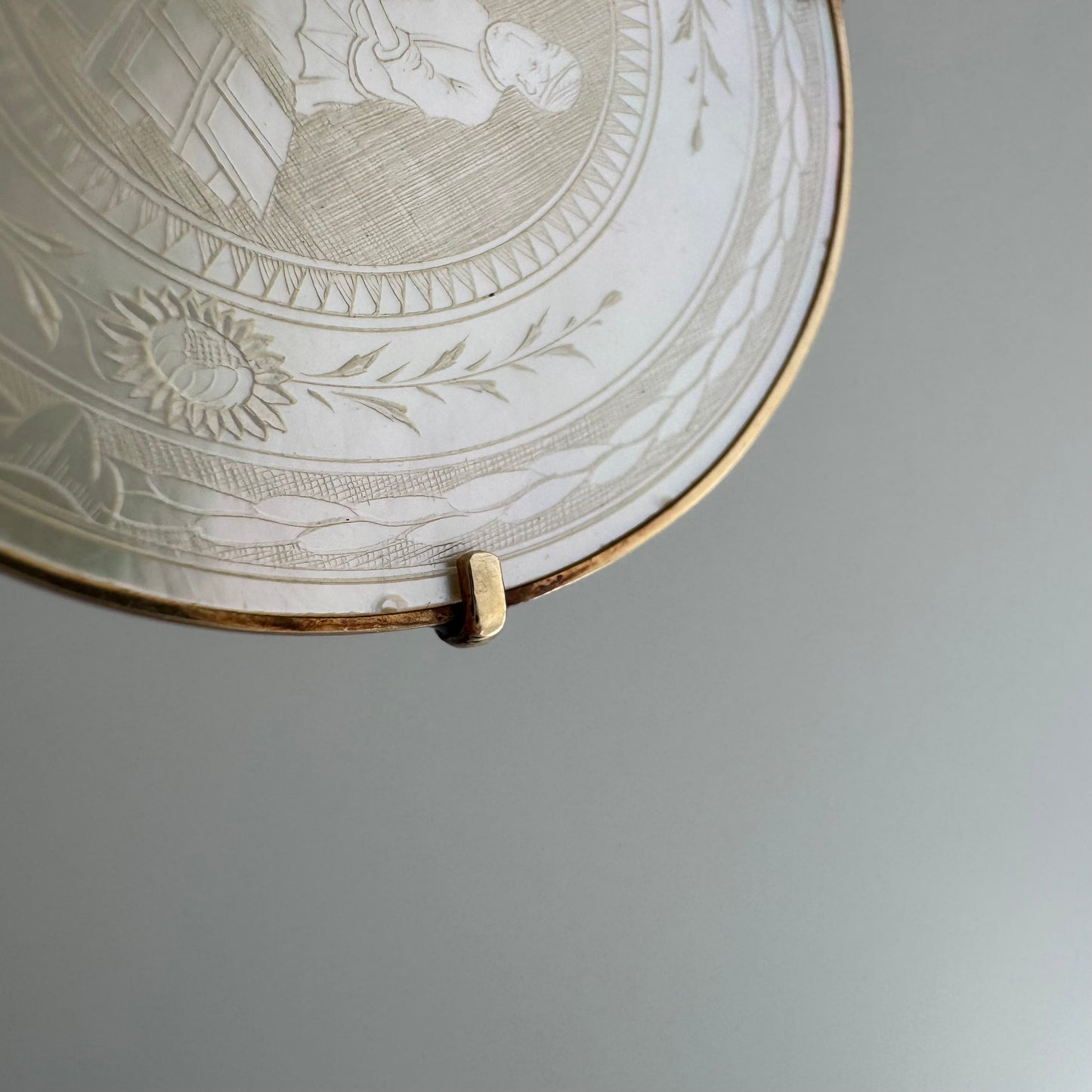 reworked A N T I Q U E // fruits of our labor / solid 14k yellow gold framed antique Chinese gambling chip pendant / carved mother of pearl