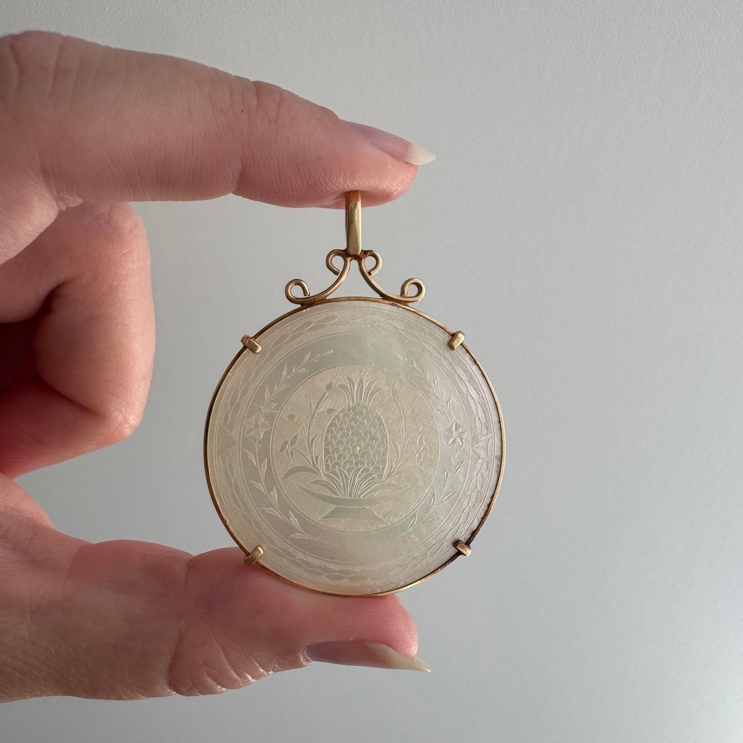 reworked A N T I Q U E // fruits of our labor / solid 14k yellow gold framed antique Chinese gambling chip pendant / carved mother of pearl