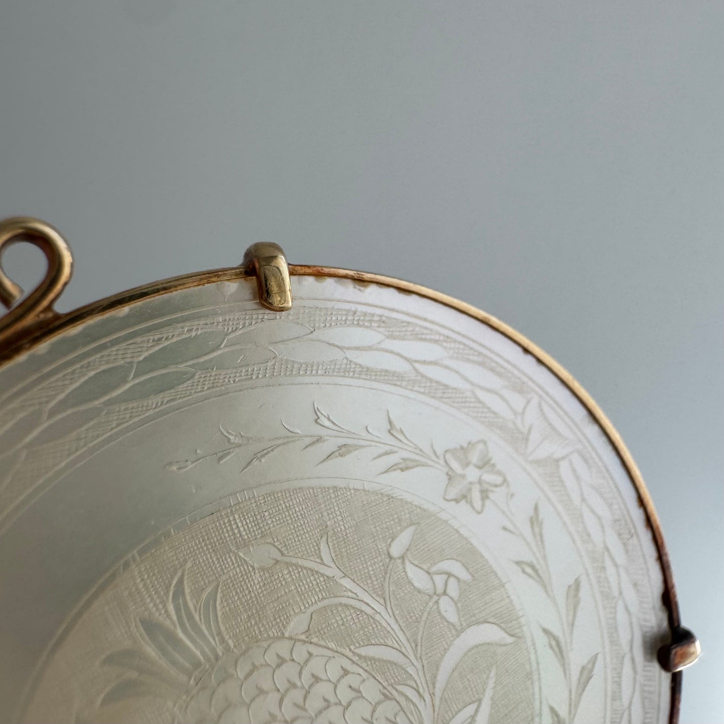 reworked A N T I Q U E // fruits of our labor / solid 14k yellow gold framed antique Chinese gambling chip pendant / carved mother of pearl