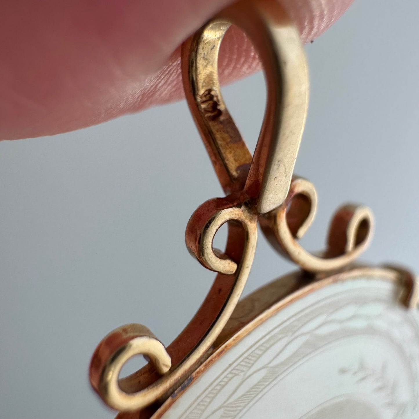 reworked A N T I Q U E // fruits of our labor / solid 14k yellow gold framed antique Chinese gambling chip pendant / carved mother of pearl