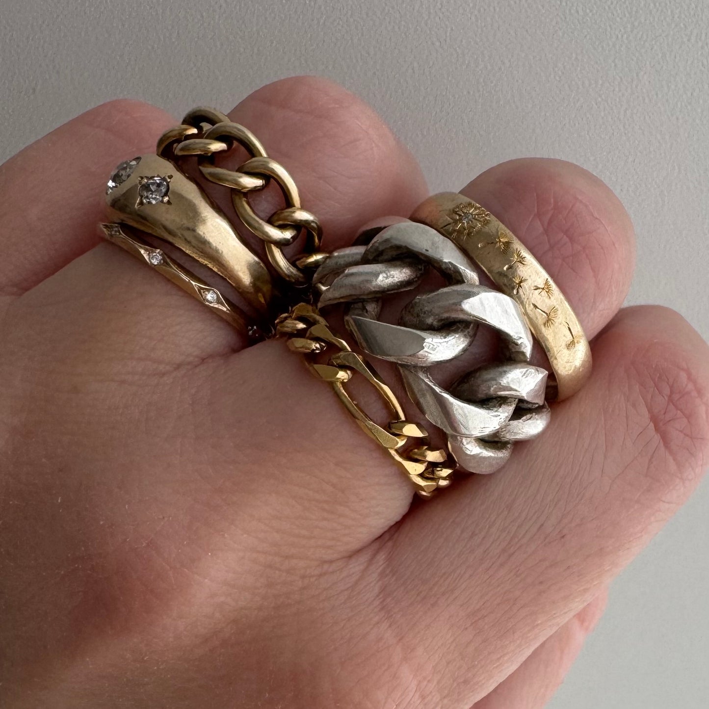 reimagined V I N T A G E // wind blown / 10k yellow gold 4.1mm band with diamond and wind-blown dandelion seeds / size 10.75