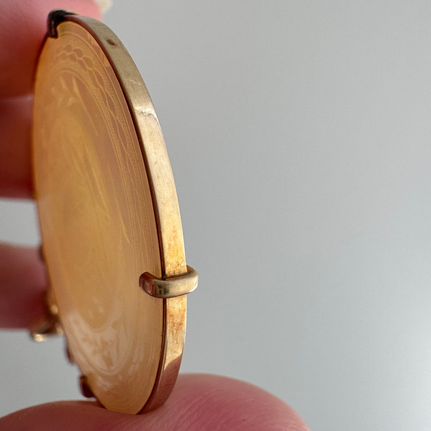 reworked A N T I Q U E // fruits of our labor / solid 14k yellow gold framed antique Chinese gambling chip pendant / carved mother of pearl