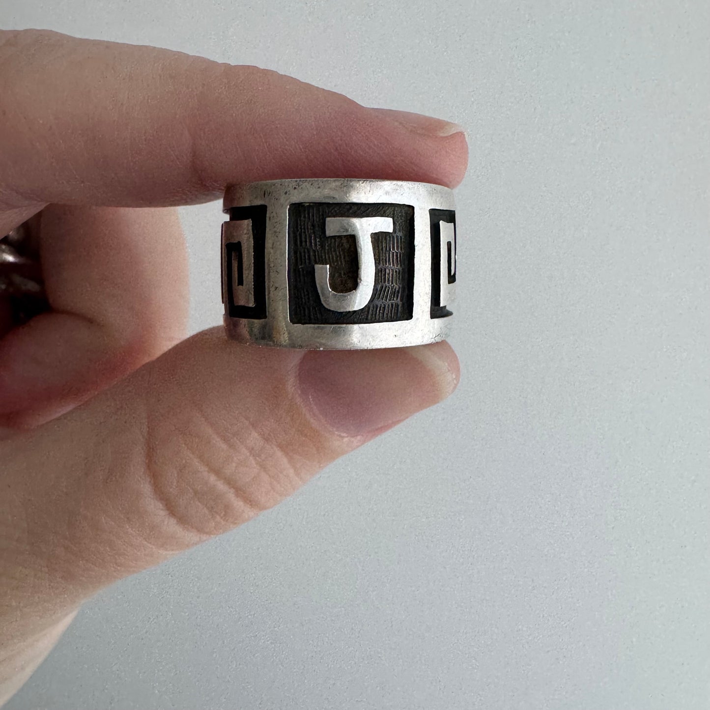 48 hour pricing // early access discounted price / sterling silver Greek key J initial wide band / size 6ish