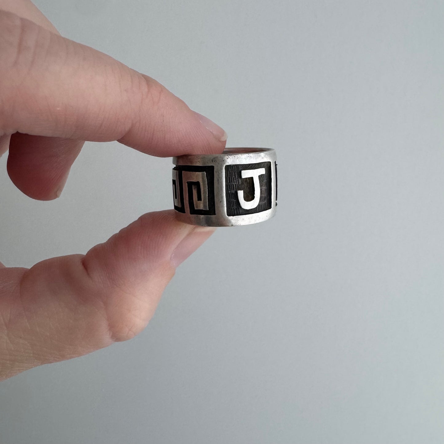 48 hour pricing // early access discounted price / sterling silver Greek key J initial wide band / size 6ish
