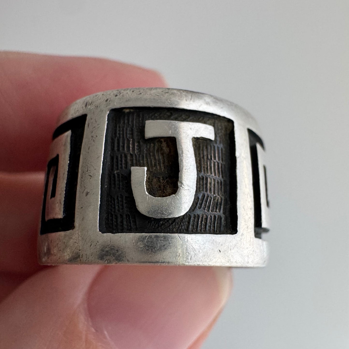 48 hour pricing // early access discounted price / sterling silver Greek key J initial wide band / size 6ish
