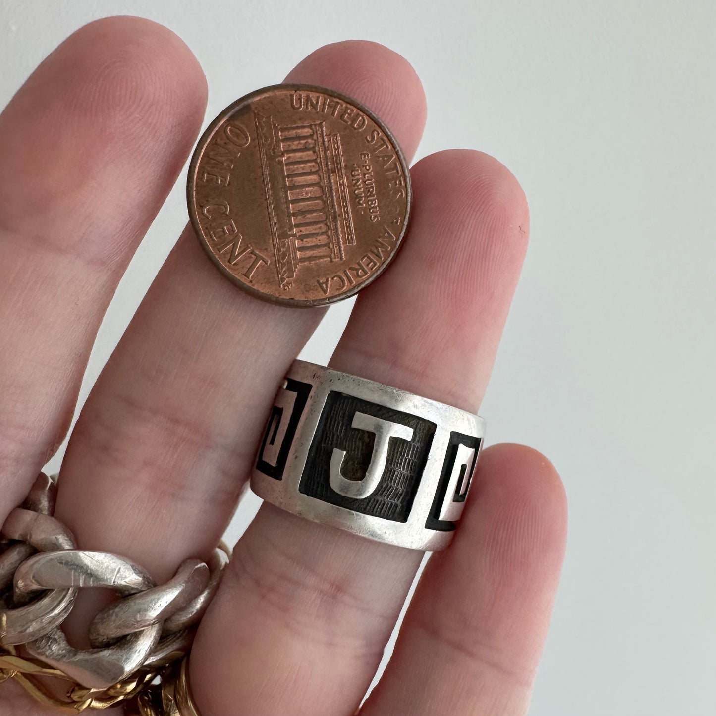 48 hour pricing // early access discounted price / sterling silver Greek key J initial wide band / size 6ish