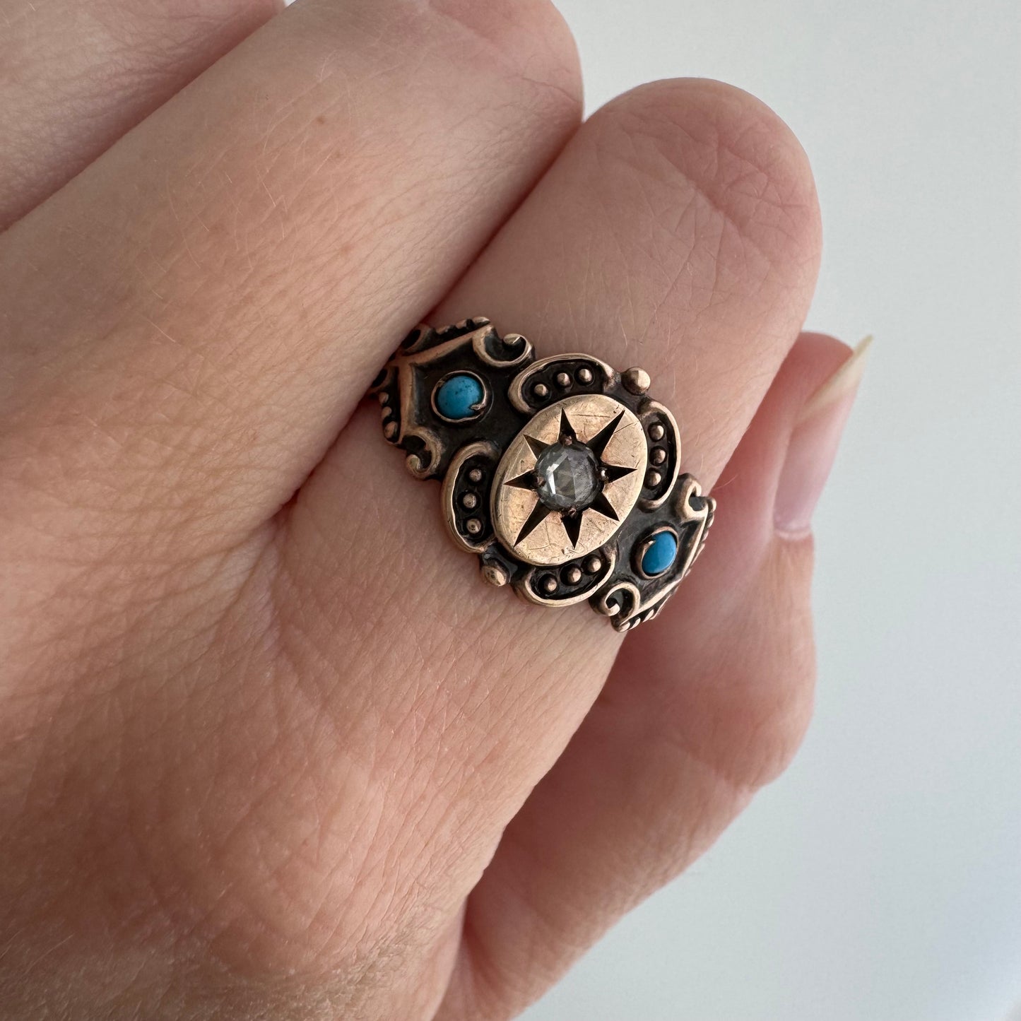 rehabbed A N T I Q U E // 9k rose gold starburst trilogy signet band with turquoise and rose cut diamond / size 9.25