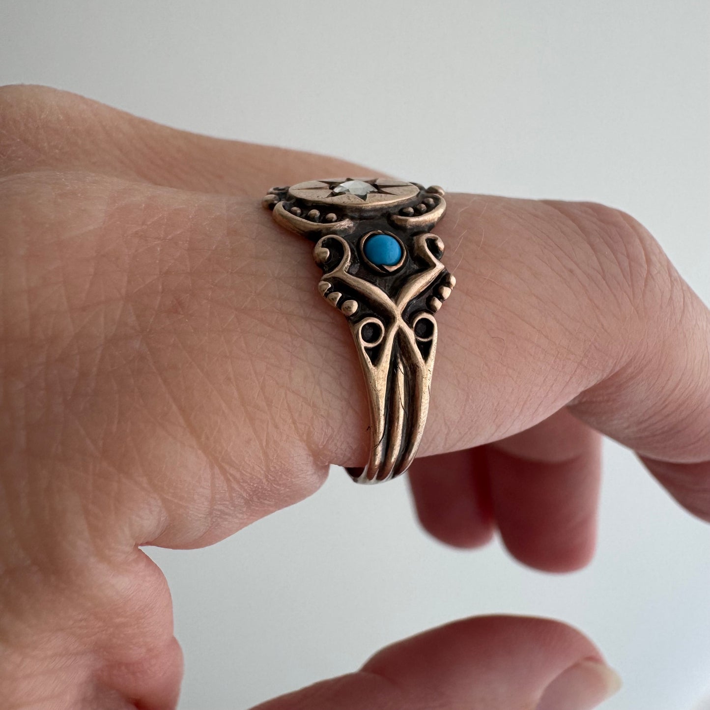 rehabbed A N T I Q U E // 9k rose gold starburst trilogy signet band with turquoise and rose cut diamond / size 9.25