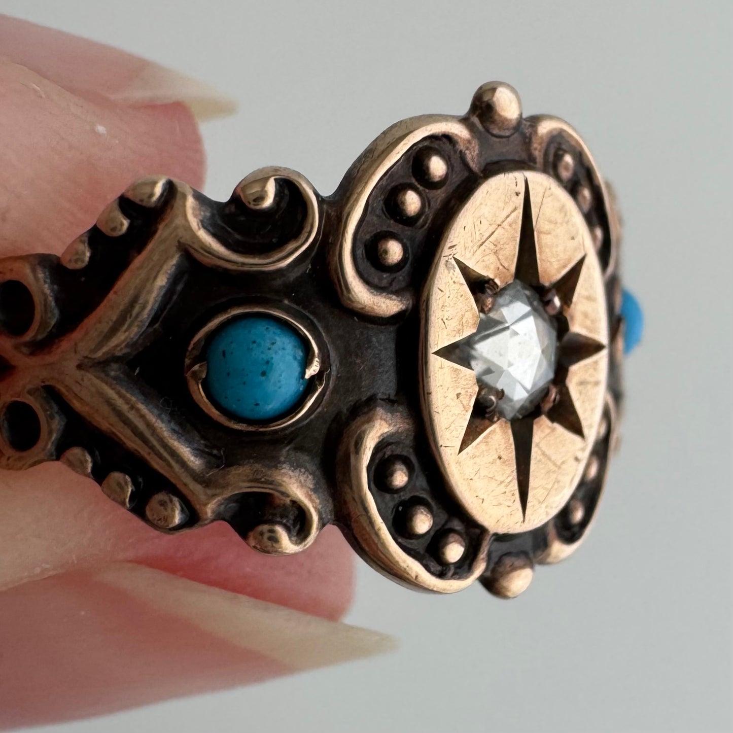 rehabbed A N T I Q U E // 9k rose gold starburst trilogy signet band with turquoise and rose cut diamond / size 9.25