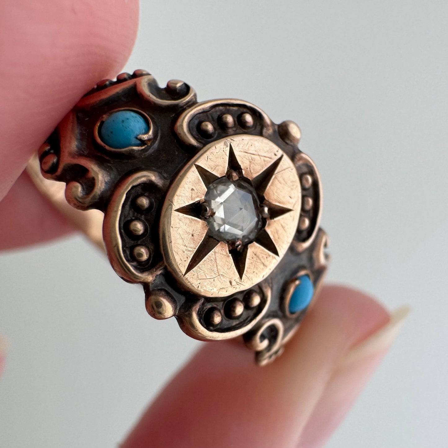 rehabbed A N T I Q U E // 9k rose gold starburst trilogy signet band with turquoise and rose cut diamond / size 9.25