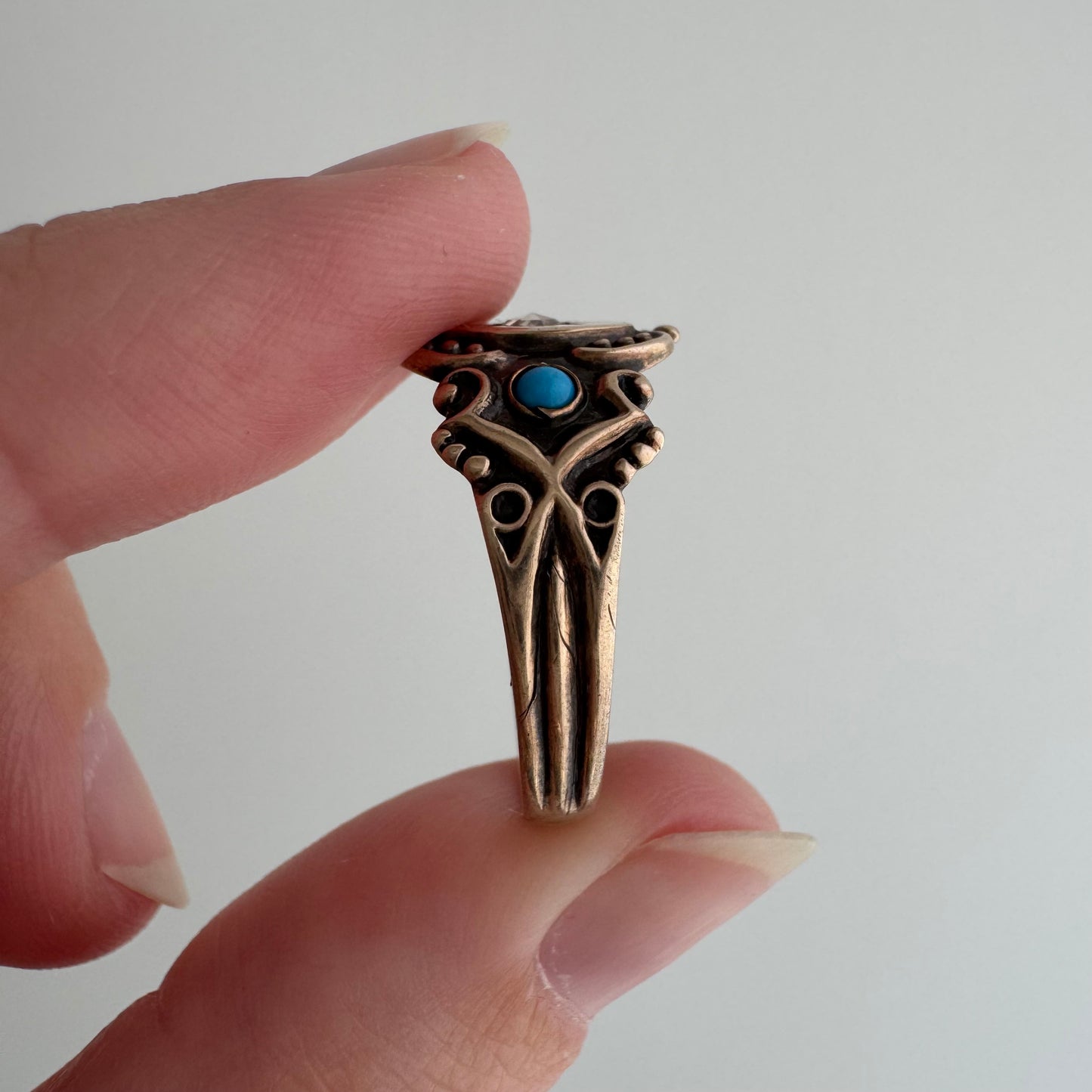 rehabbed A N T I Q U E // 9k rose gold starburst trilogy signet band with turquoise and rose cut diamond / size 9.25