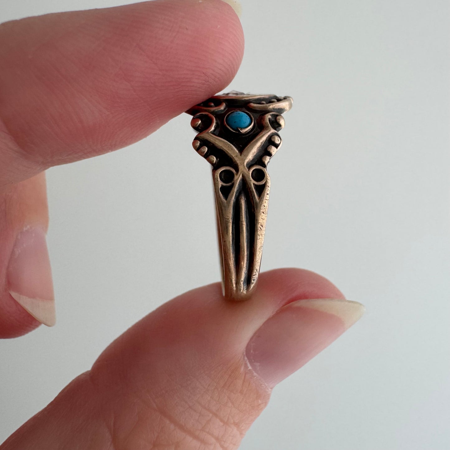 rehabbed A N T I Q U E // 9k rose gold starburst trilogy signet band with turquoise and rose cut diamond / size 9.25