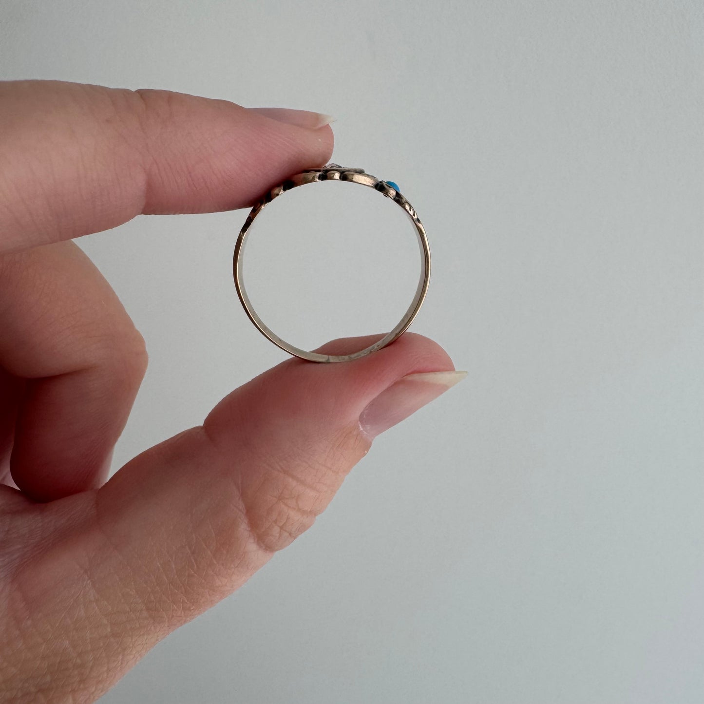 rehabbed A N T I Q U E // 9k rose gold starburst trilogy signet band with turquoise and rose cut diamond / size 9.25