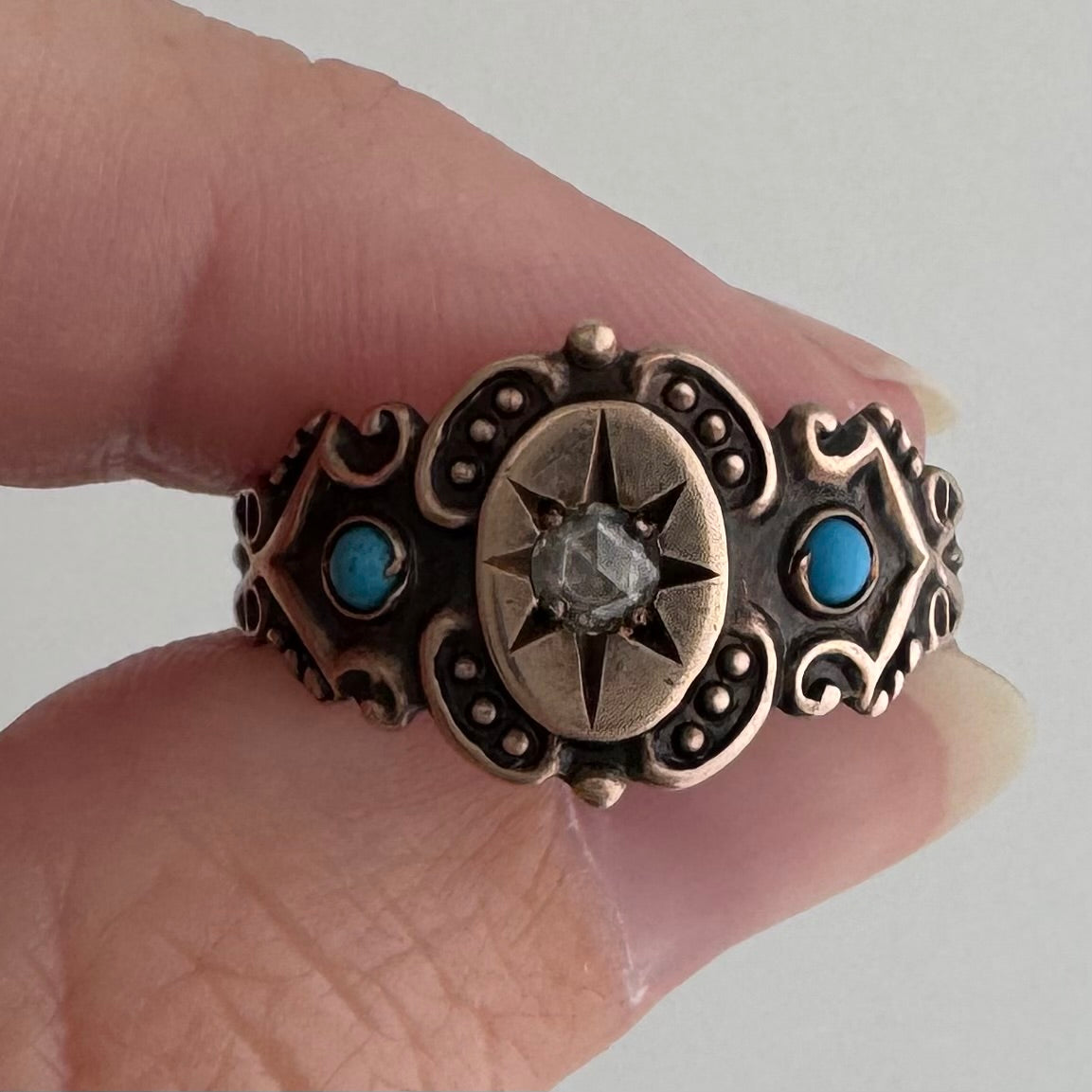 rehabbed A N T I Q U E // 9k rose gold starburst trilogy signet band with turquoise and rose cut diamond / size 9.25