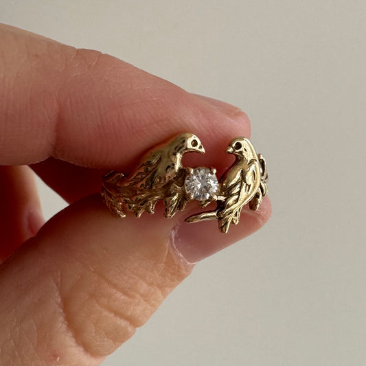 RESERVED V I N T A G E // love birds / 14k and diamond love bird ring / size 6