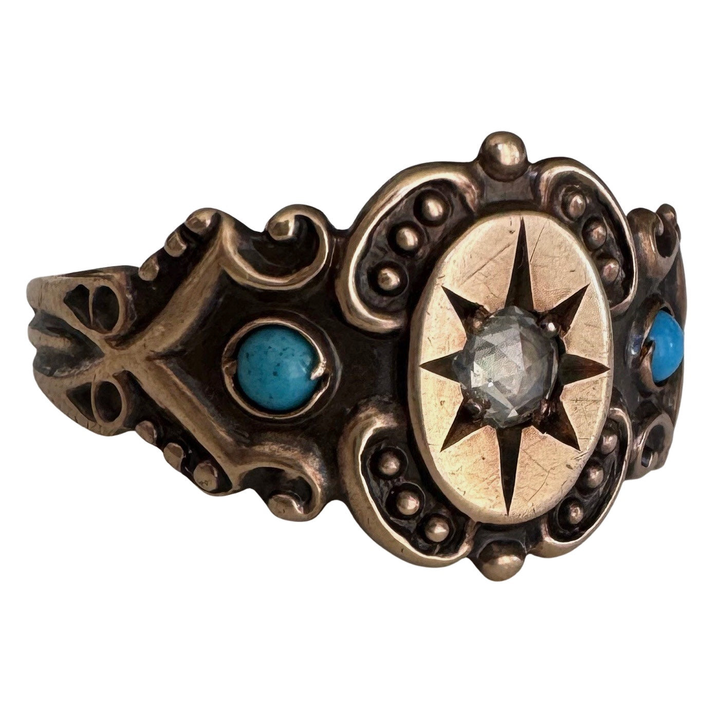 rehabbed A N T I Q U E // 9k rose gold starburst trilogy signet band with turquoise and rose cut diamond / size 9.25