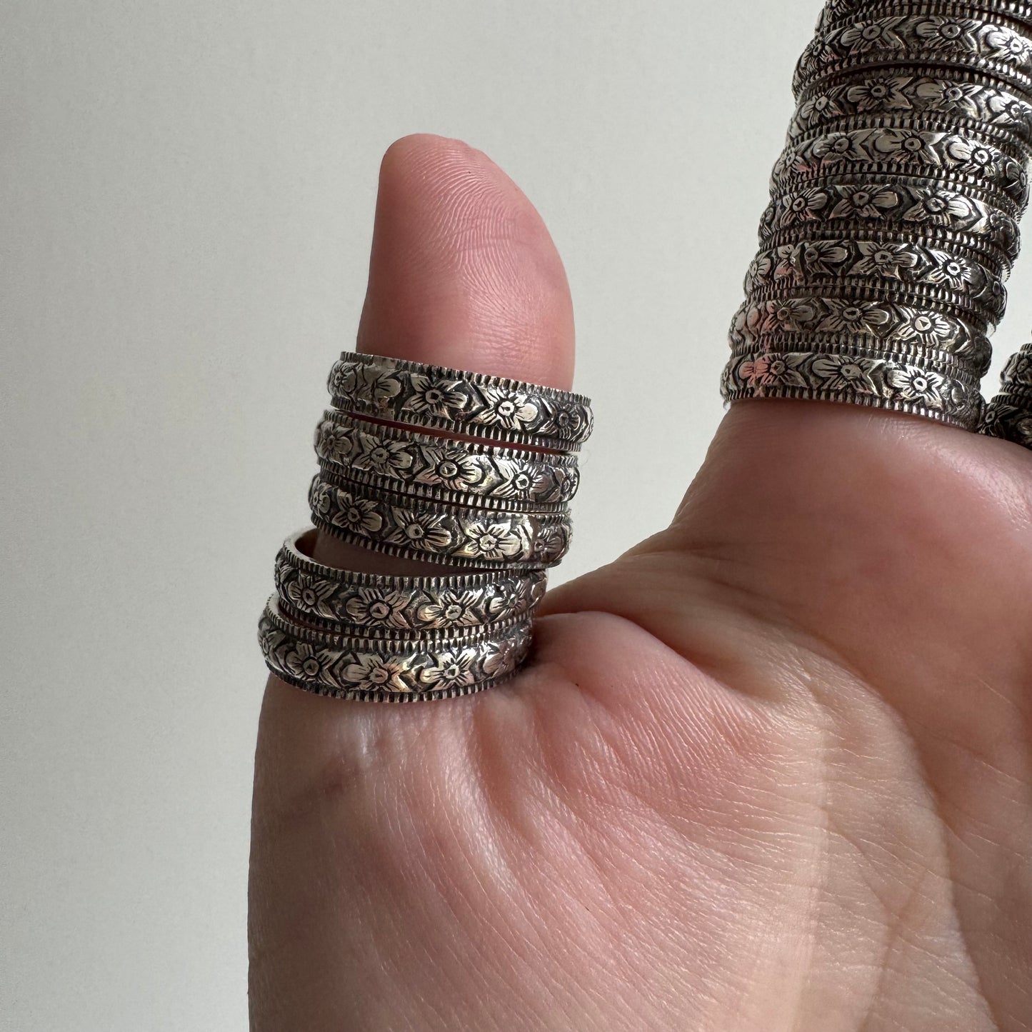 E S T A T E // new old stock bands / sterling silver art nouveau style floral patterned eternity bands