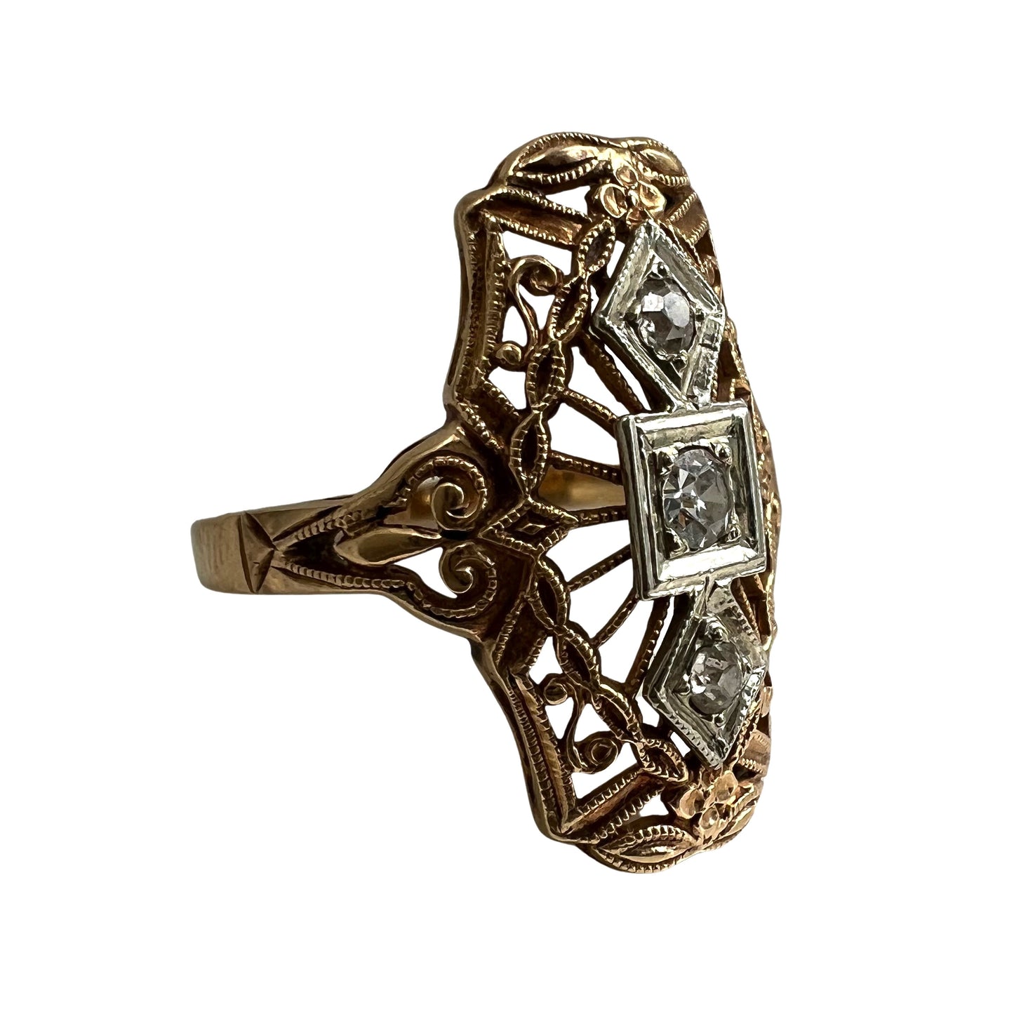 V I N T A G E // sparkle armor / 14k and diamond filigree shield ring / size 5.5