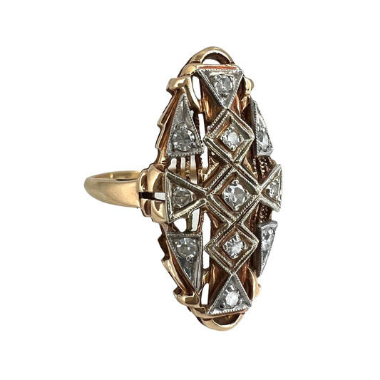 A N T I Q U E // eleven reasons / 14k yellow and white gold shield ring with eleven diamonds / size 5.5