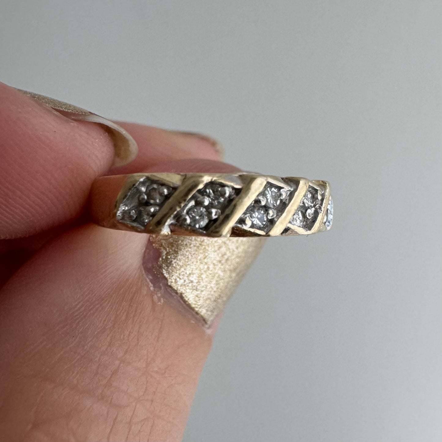 V I N T A G E // geometric perspectives / 14k and diamond half eternity band / size 5.75