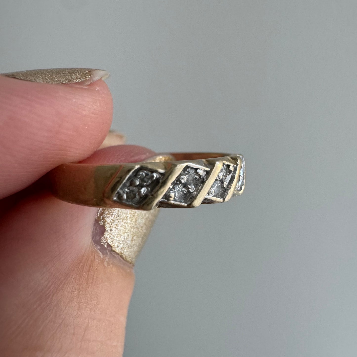 V I N T A G E // geometric perspectives / 14k and diamond half eternity band / size 5.75