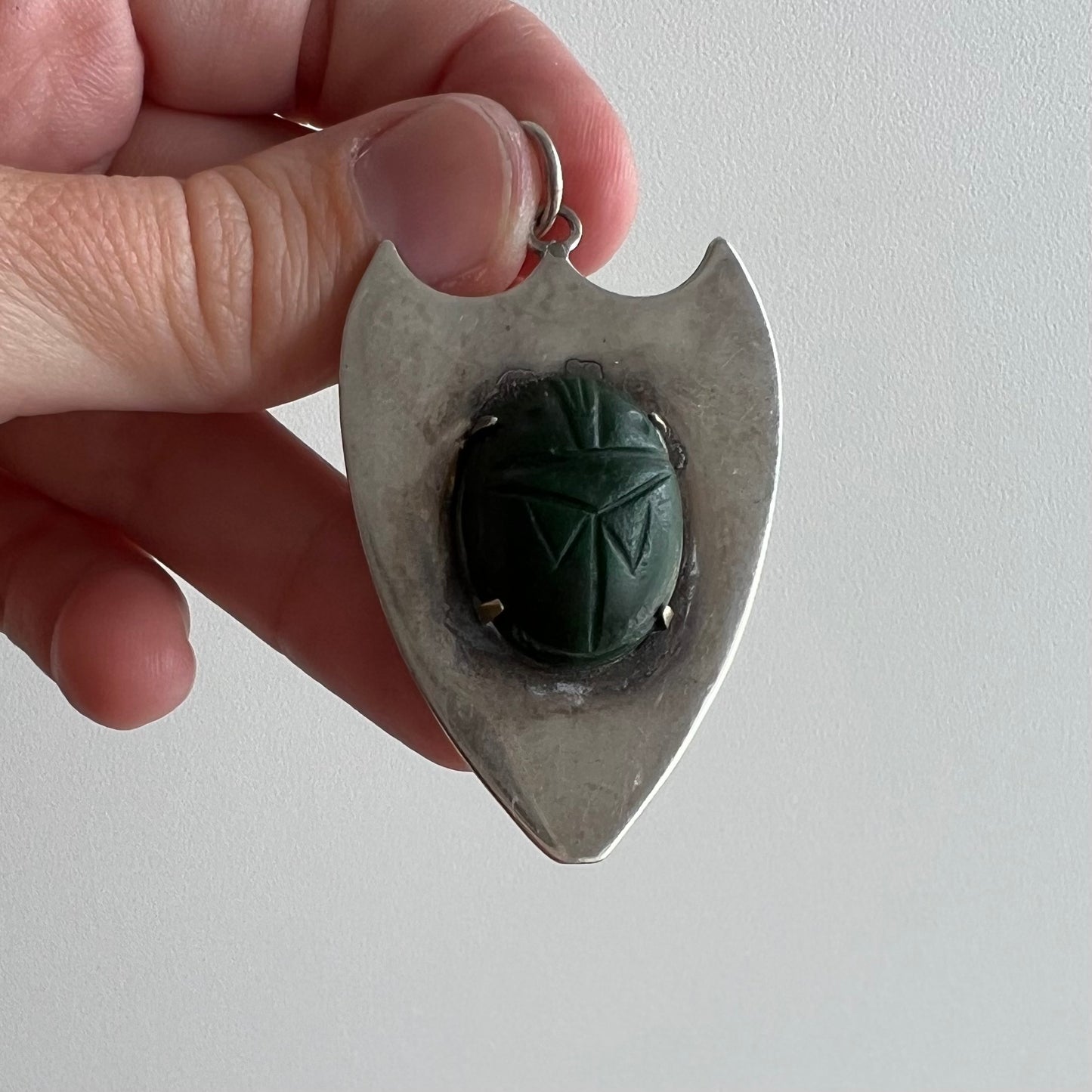 V I N T A G E // layers of protection / sterling silver and green hard stone scarab shield / a pendant