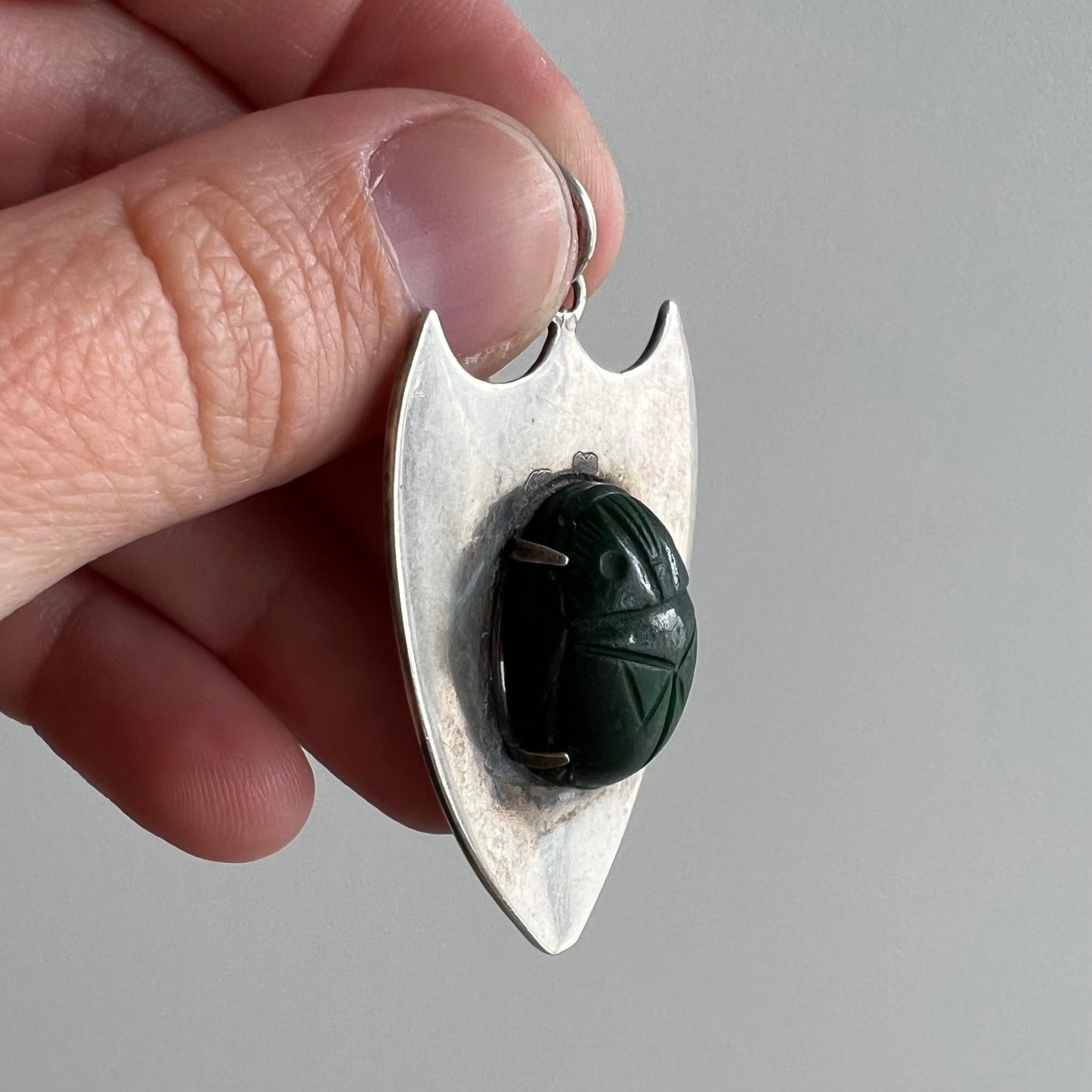 V I N T A G E // layers of protection / sterling silver and green hard stone scarab shield / a pendant