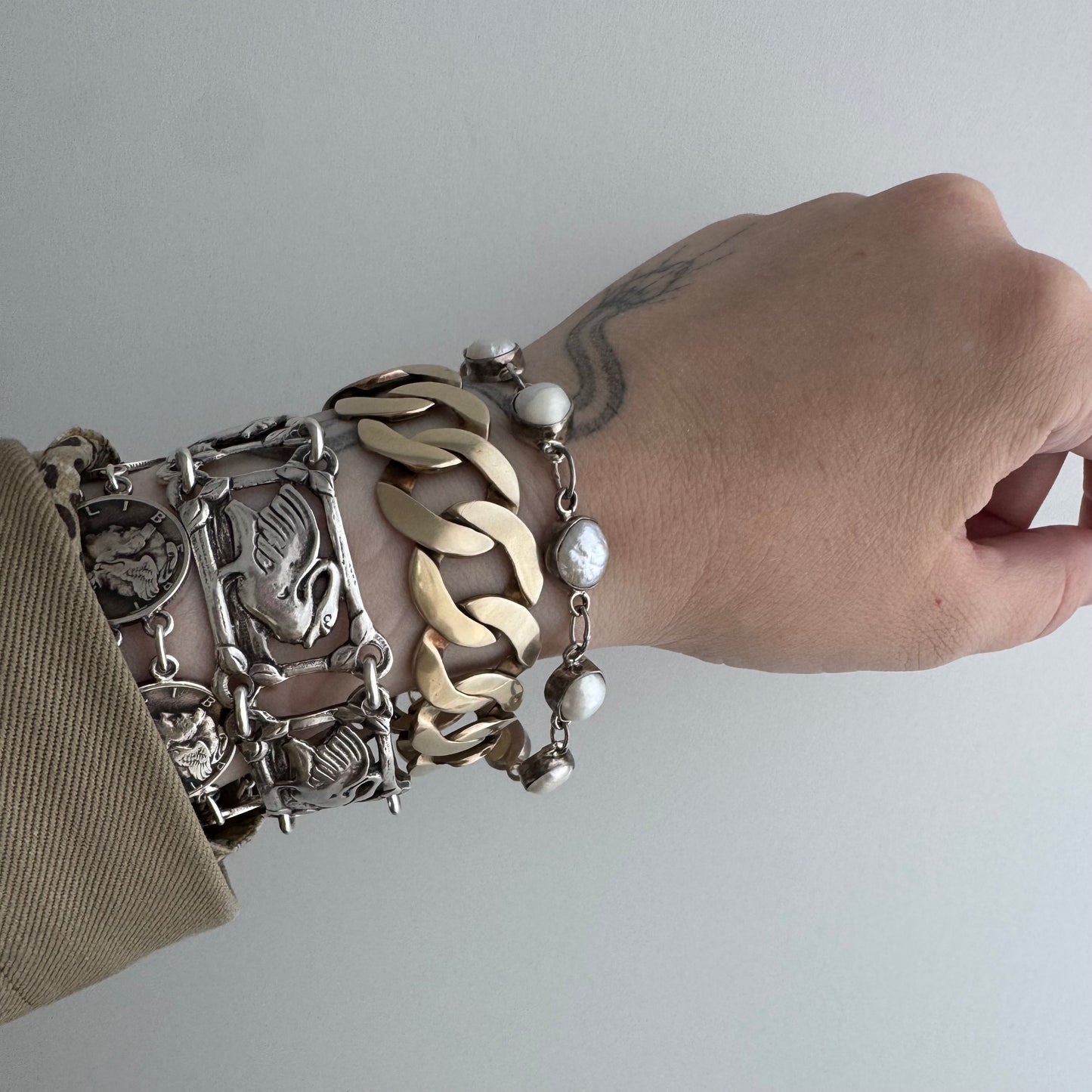 V I N T A G E // pearly links / sterling silver fresh water pearl link bracelet / 7.25", 10.4g