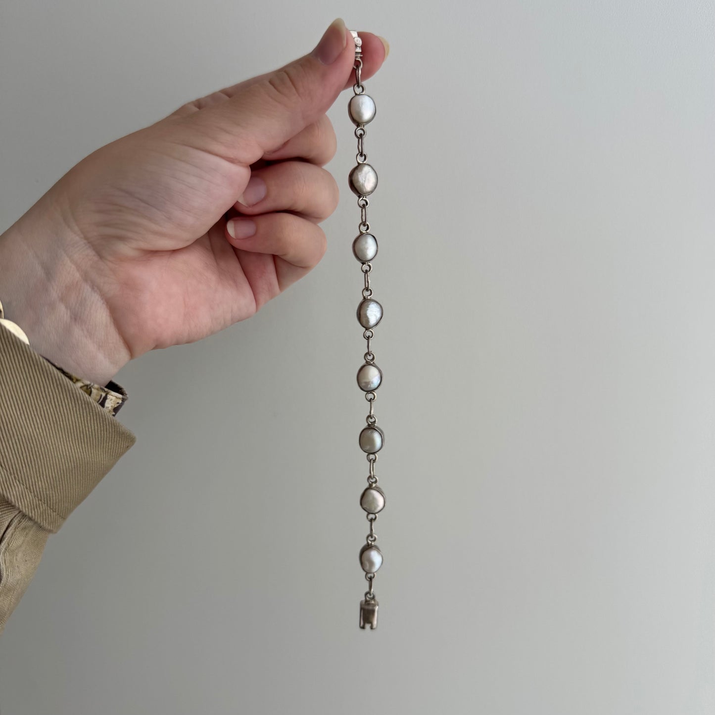 V I N T A G E // pearly links / sterling silver fresh water pearl link bracelet / 7.25", 10.4g