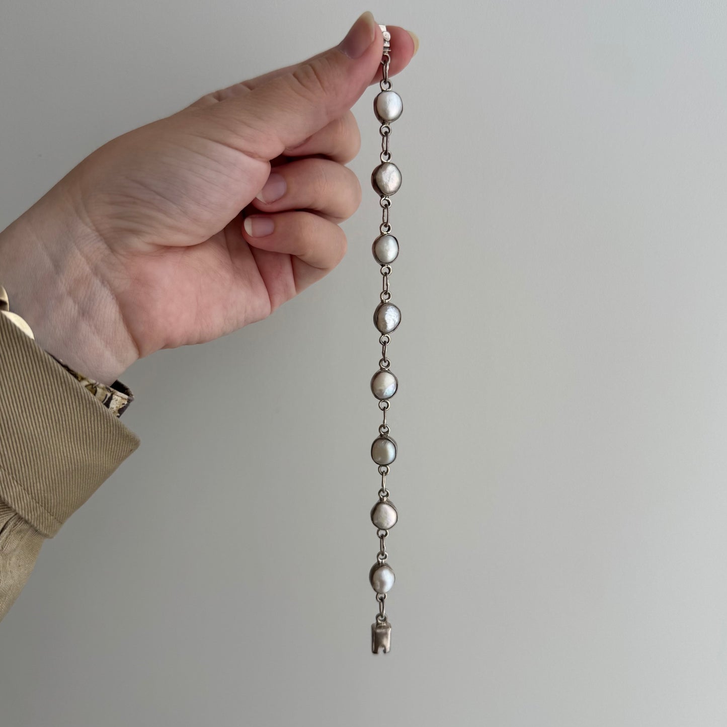 V I N T A G E // pearly links / sterling silver fresh water pearl link bracelet / 7.25", 10.4g