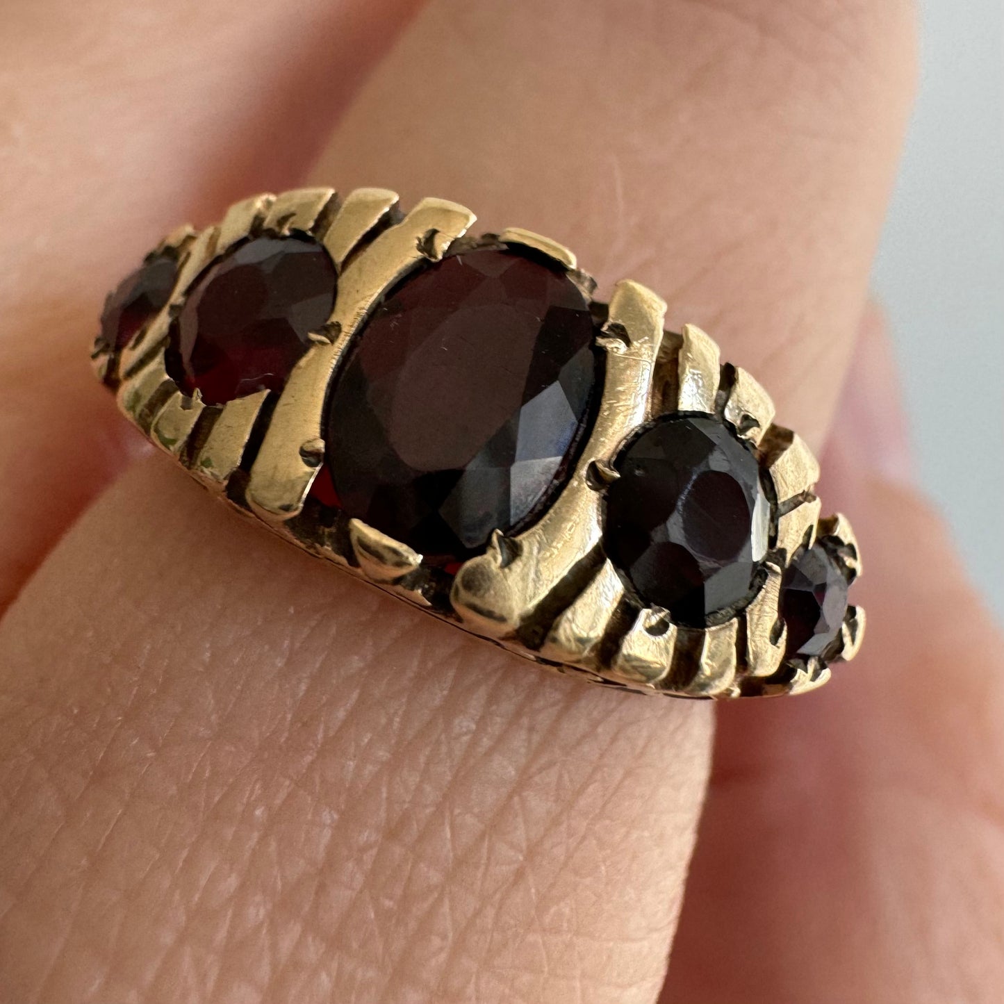 V I N T A G E // five stone boat / 9k and garnet glass five stone victorian style ring / size 6.25