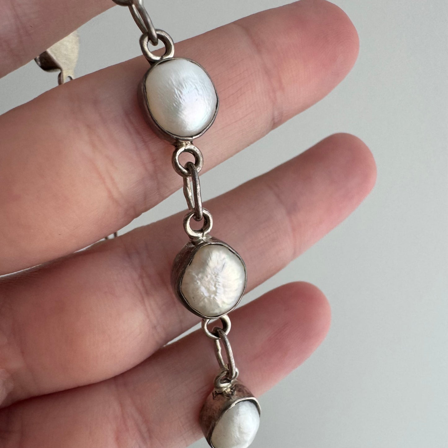 V I N T A G E // pearly links / sterling silver fresh water pearl link bracelet / 7.25", 10.4g