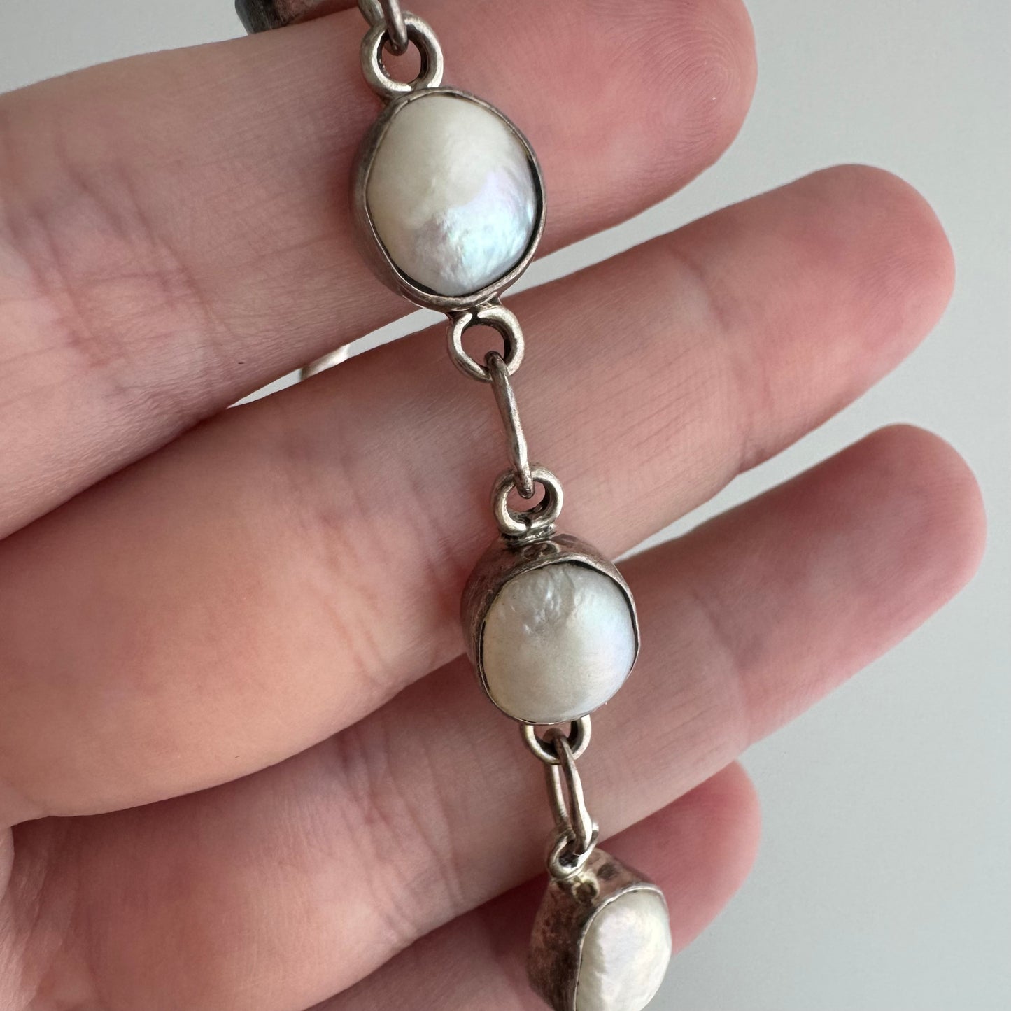 V I N T A G E // pearly links / sterling silver fresh water pearl link bracelet / 7.25", 10.4g