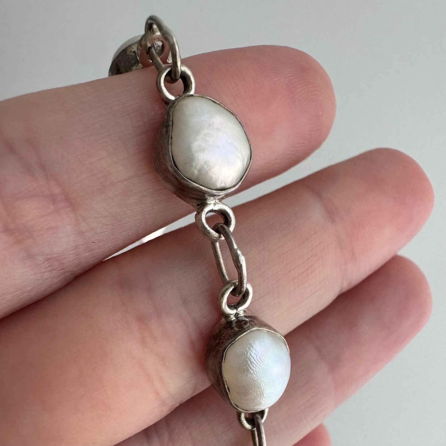 V I N T A G E // pearly links / sterling silver fresh water pearl link bracelet / 7.25", 10.4g