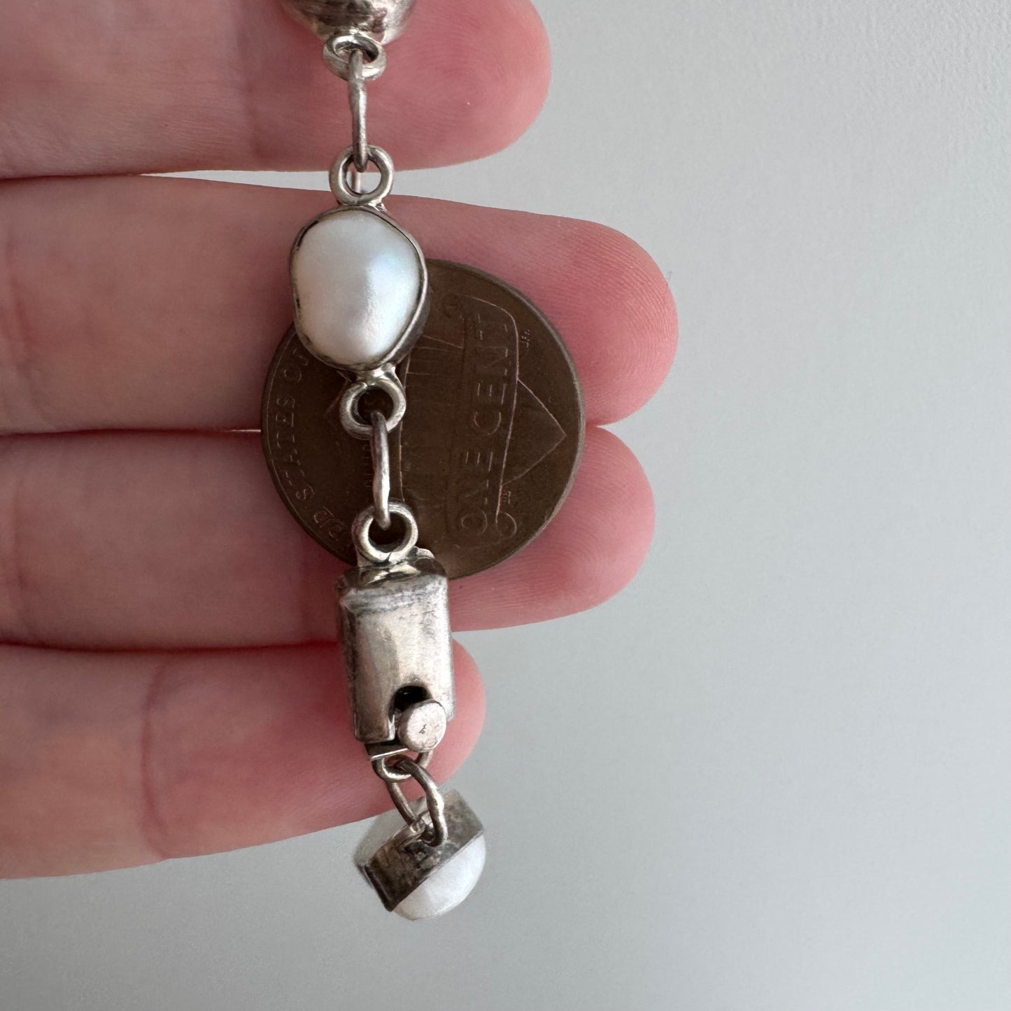 V I N T A G E // pearly links / sterling silver fresh water pearl link bracelet / 7.25", 10.4g