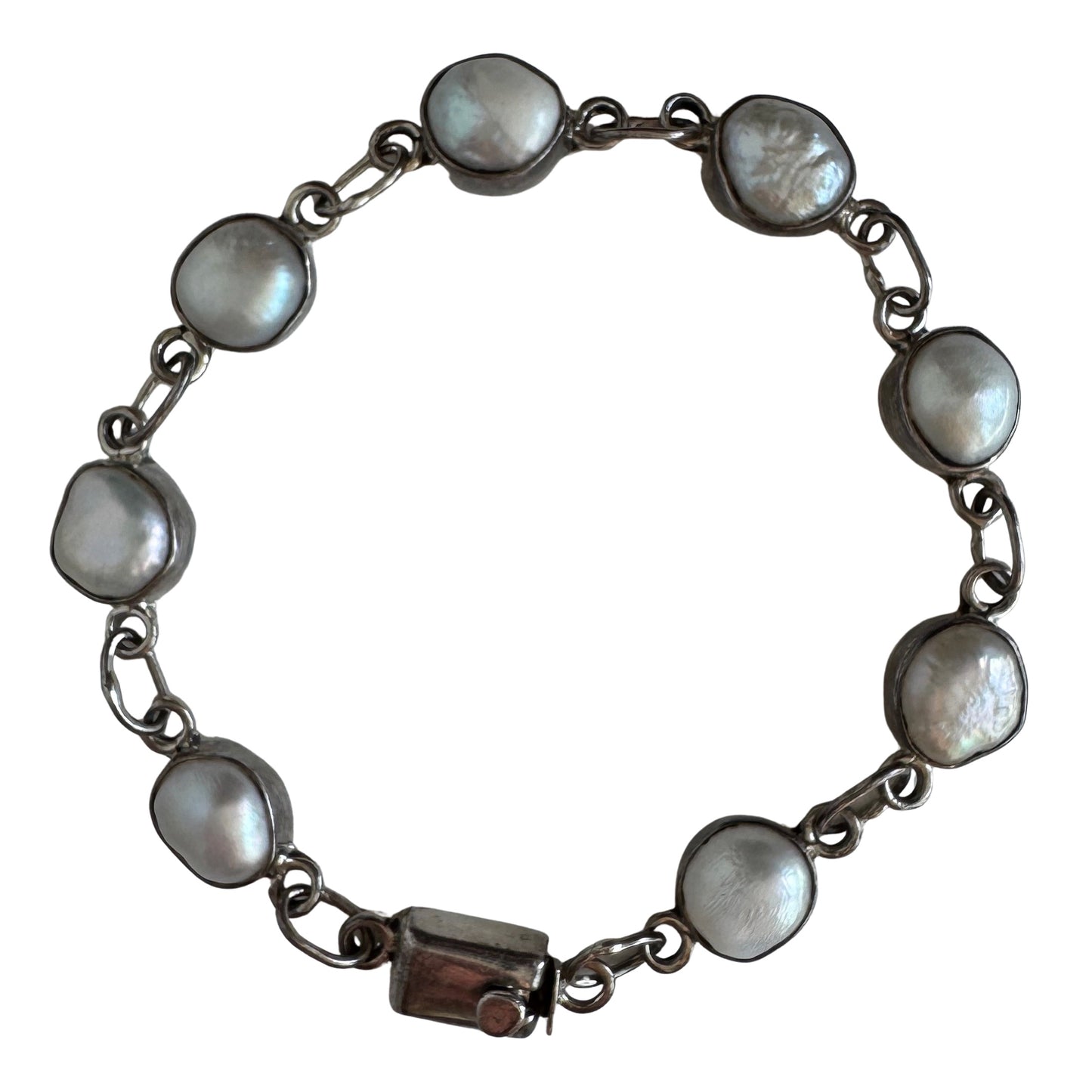 V I N T A G E // pearly links / sterling silver fresh water pearl link bracelet / 7.25", 10.4g
