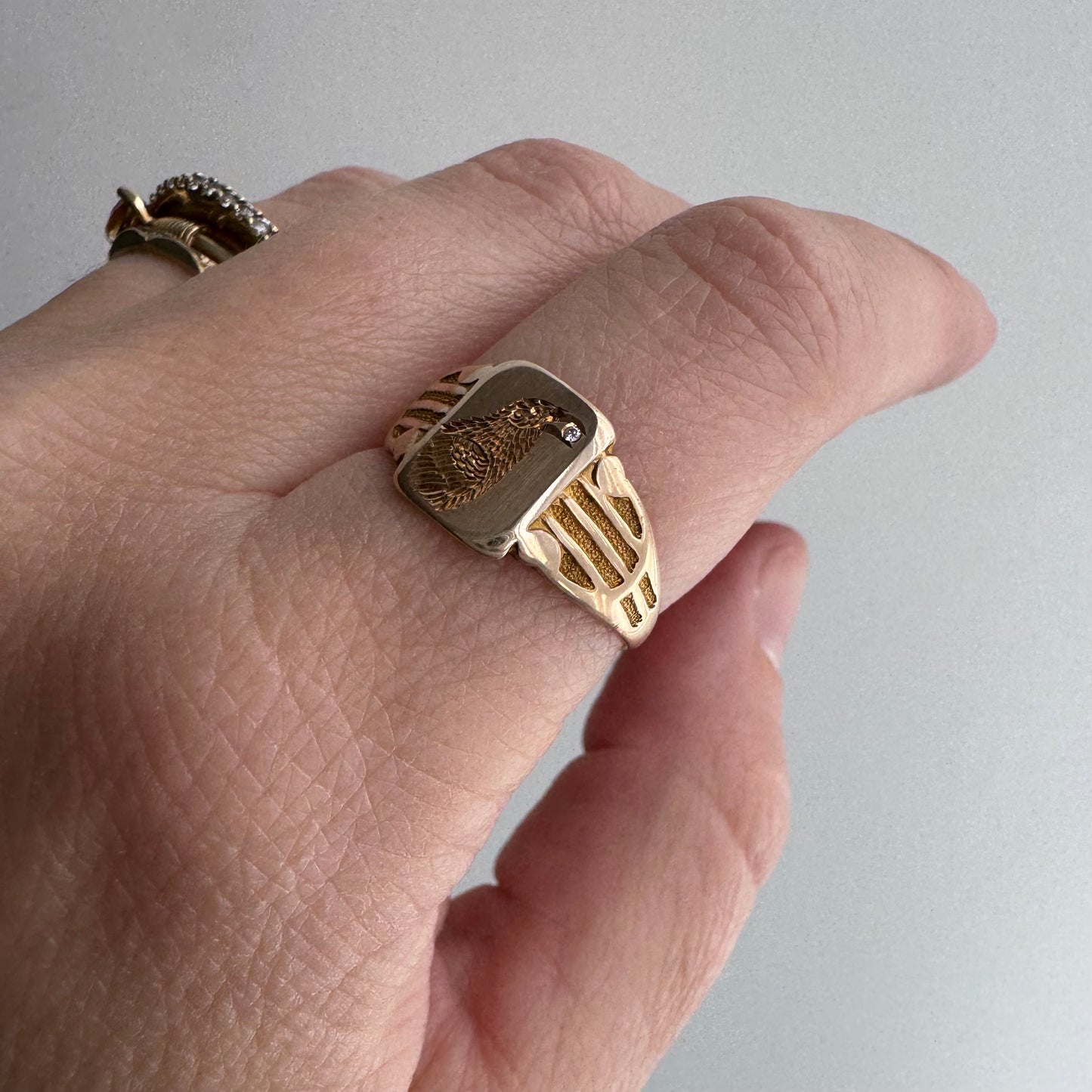 reimagined A N T I Q U E // treasure seeker / 10k rosy gold signet with new crow engraving and diamond / almost size 6.5