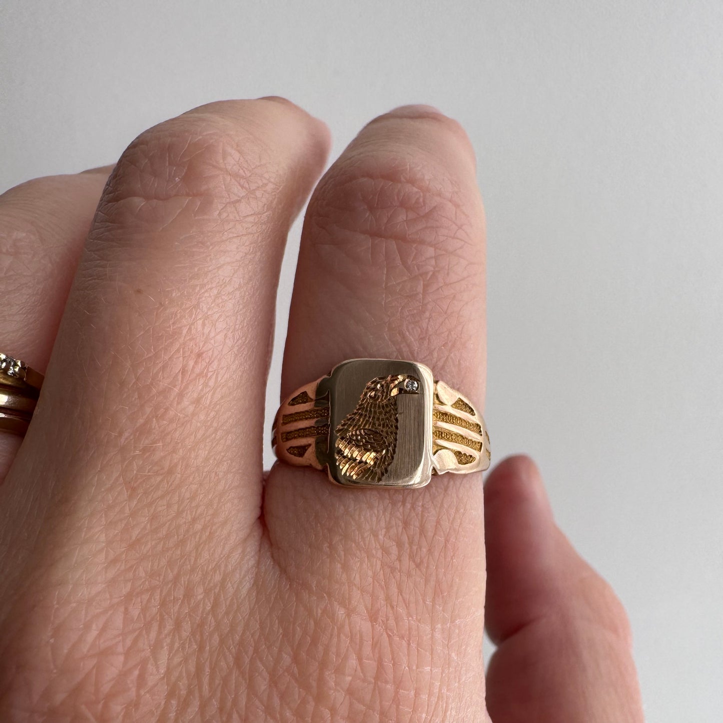 reimagined A N T I Q U E // treasure seeker / 10k rosy gold signet with new crow engraving and diamond / almost size 6.5
