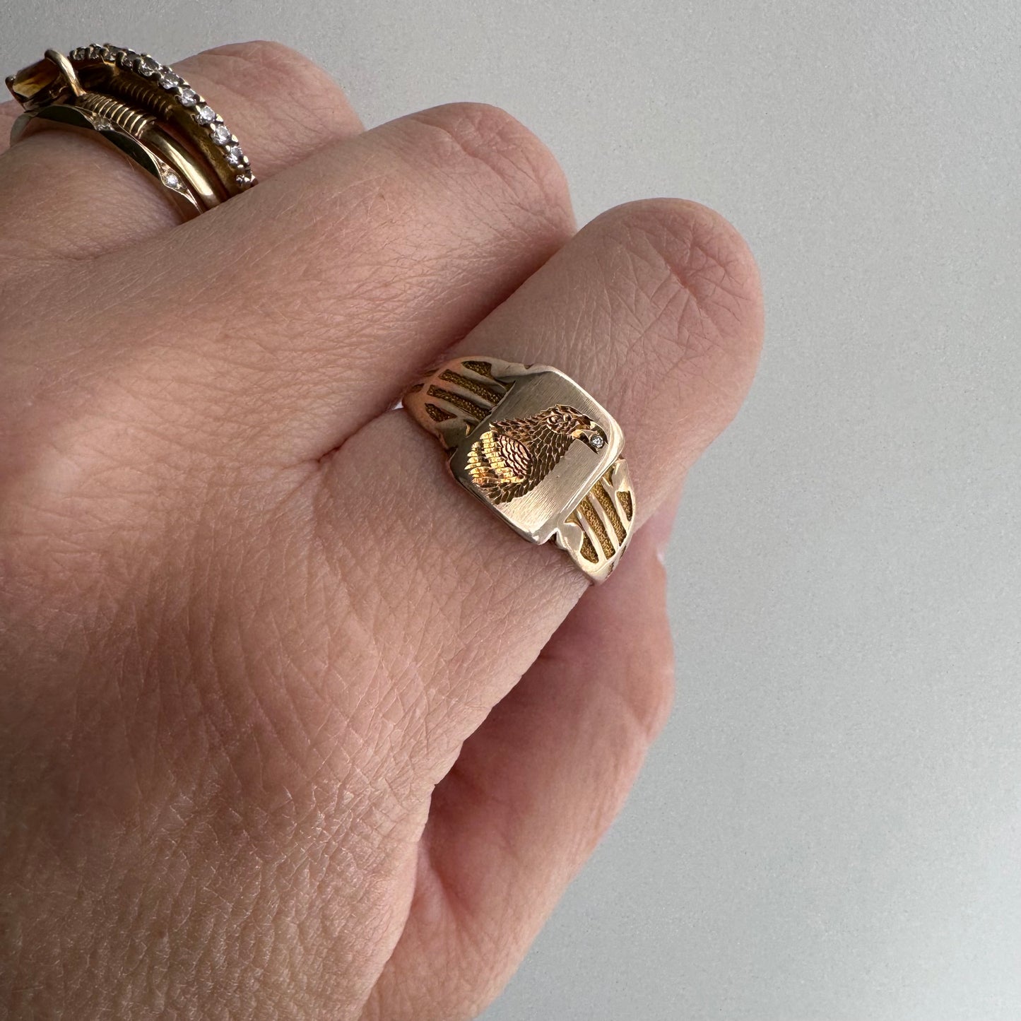 reimagined A N T I Q U E // treasure seeker / 10k rosy gold signet with new crow engraving and diamond / almost size 6.5