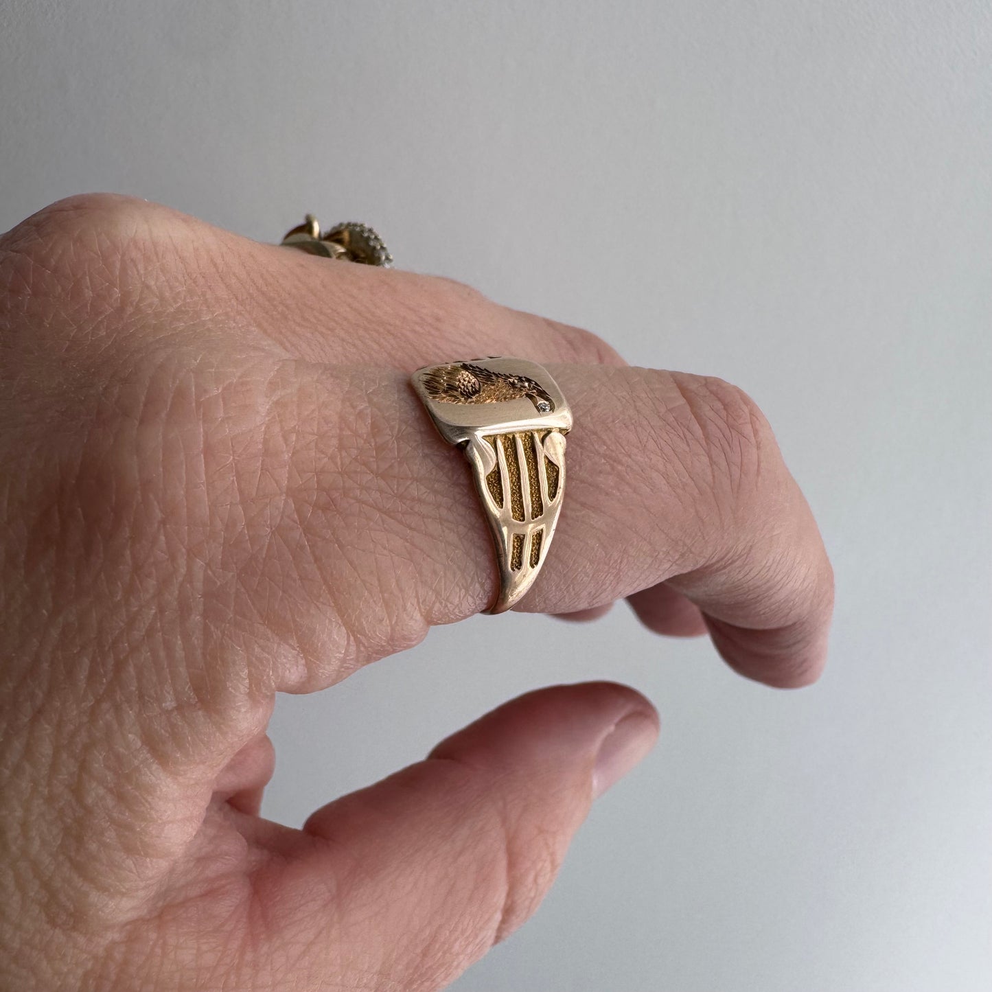 reimagined A N T I Q U E // treasure seeker / 10k rosy gold signet with new crow engraving and diamond / almost size 6.5