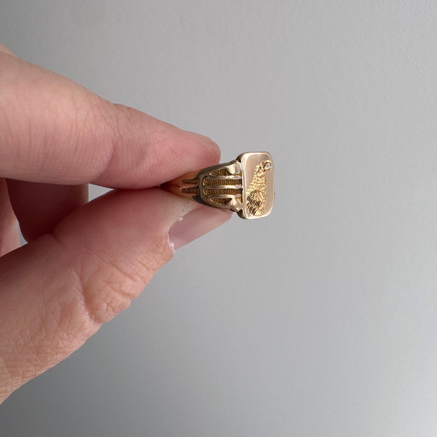 reimagined A N T I Q U E // treasure seeker / 10k rosy gold signet with new crow engraving and diamond / almost size 6.5