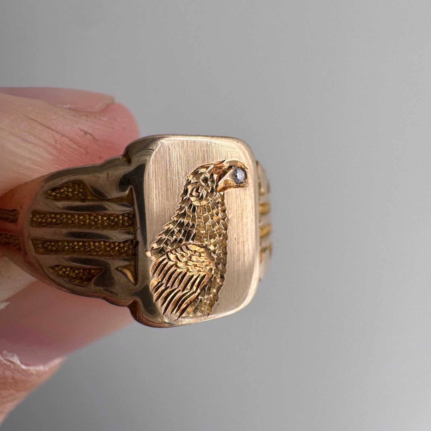 reimagined A N T I Q U E // treasure seeker / 10k rosy gold signet with new crow engraving and diamond / almost size 6.5