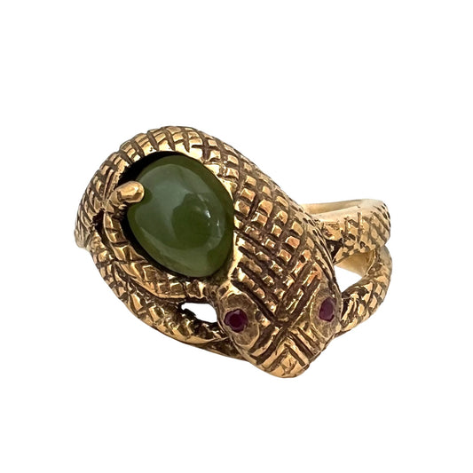 V I N T A G E // the egg’s keeper / solid 14k yellow gold snake ring with jade and rubies / size 8