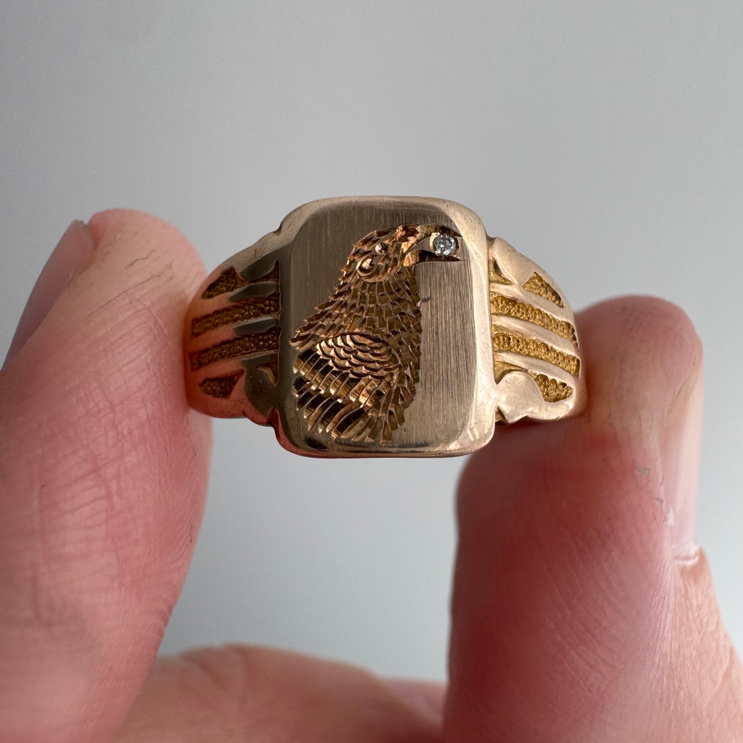 reimagined A N T I Q U E // treasure seeker / 10k rosy gold signet with new crow engraving and diamond / almost size 6.5
