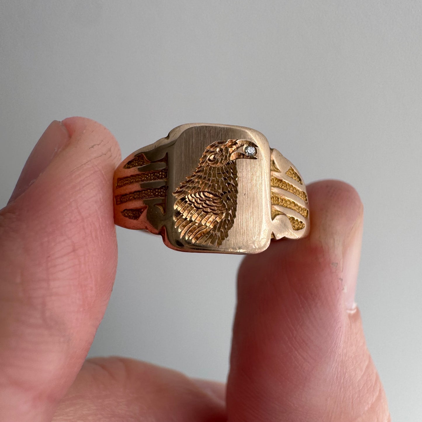 reimagined A N T I Q U E // treasure seeker / 10k rosy gold signet with new crow engraving and diamond / almost size 6.5