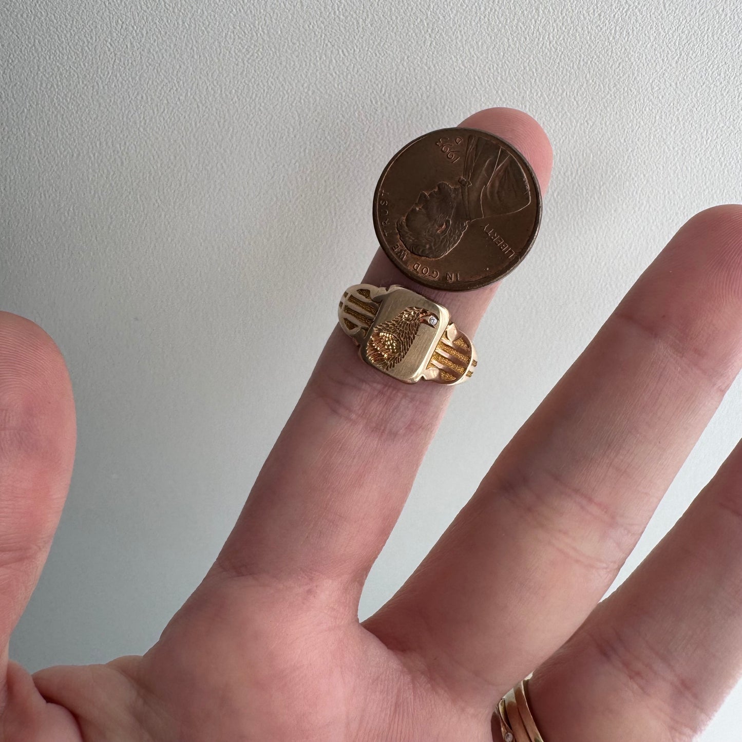 reimagined A N T I Q U E // treasure seeker / 10k rosy gold signet with new crow engraving and diamond / almost size 6.5