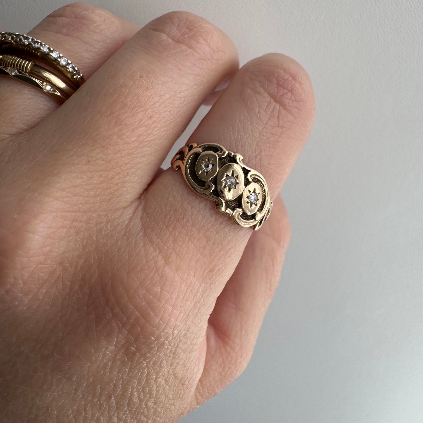 A N T I Q U E // starry trilogy / 9k and diamond edwardian era fancy wide tapered band / size 6