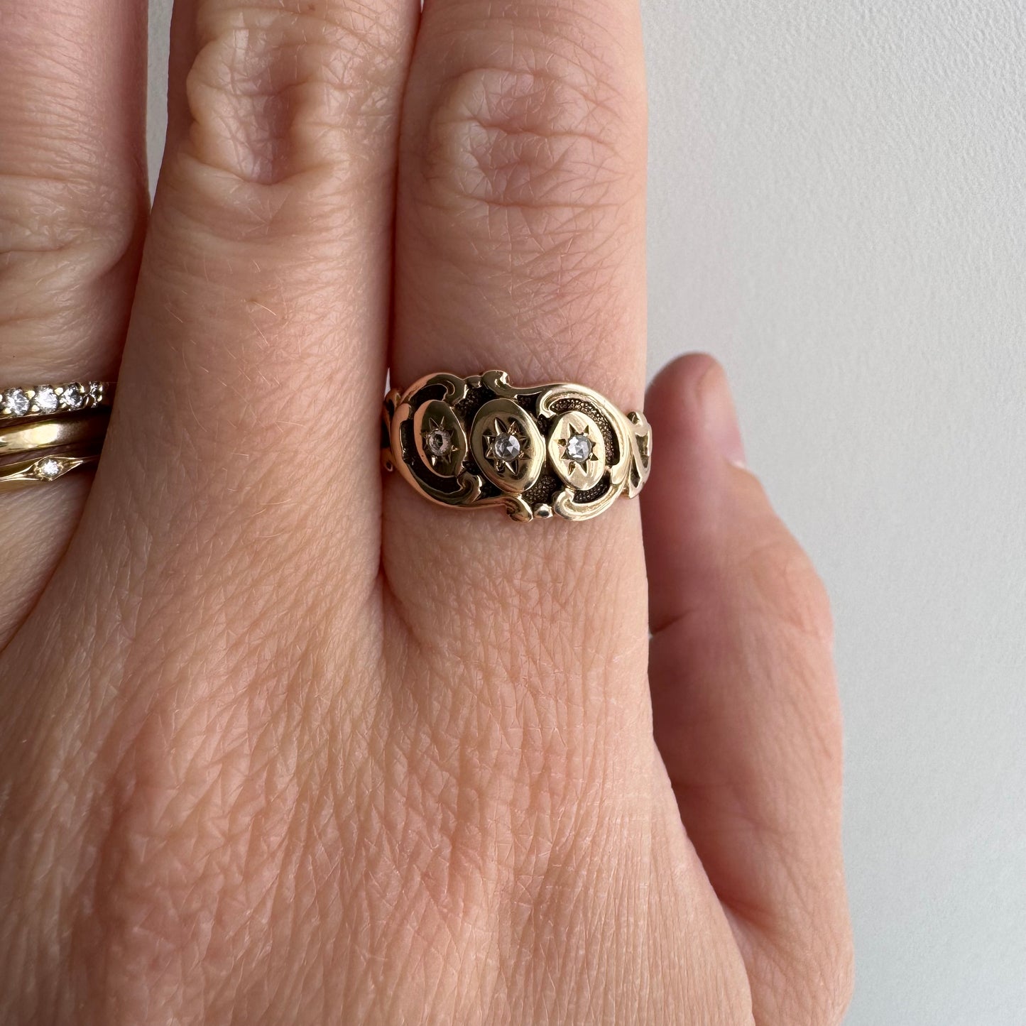 A N T I Q U E // starry trilogy / 9k and diamond edwardian era fancy wide tapered band / size 6